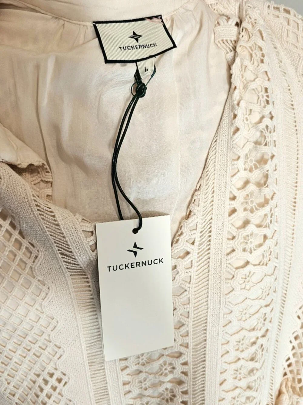Tuckernuck Lace Tiered Mini Dress Size L NWT Cream Eyelet Boho - Picture 10 of 10